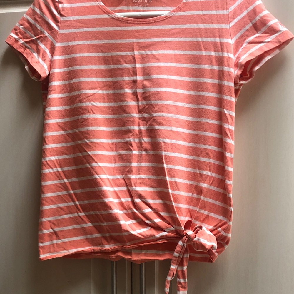 Nautica Coral and White Striped Tie-Front Short Sleeve Tee